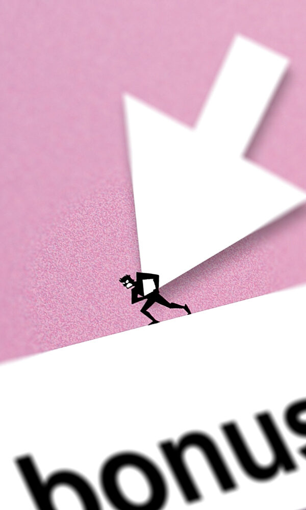 Close-up of a visual where a giant arrow nearly crushes a tiny black character.