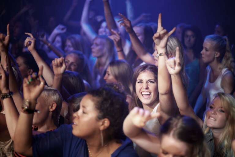 Ambiance survoltée lors d’une soirée d’entreprise, avec une foule en liesse
